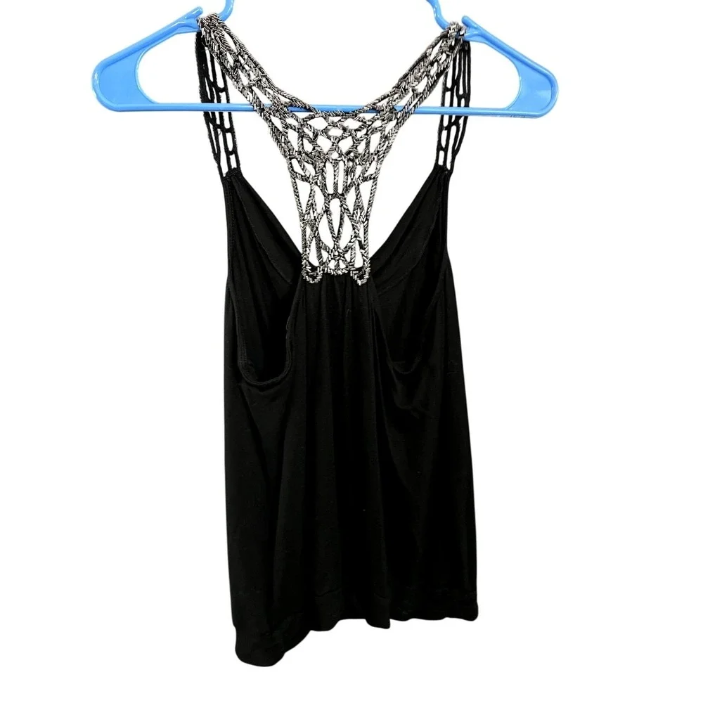 Express Black Beaded Macrame Racerback Tank Top Womens Small Silver Embellished - Picture 2 of 4